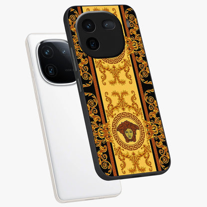 Golden Lotus Glow Glass Case displayed in angled mockup highlighting radiant lotus illustration with spiritual aesthetic.