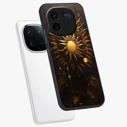 Golden Sun Majesty Glass Case displayed in angled mockup highlighting eerie shadow illustration with gothic aesthetic.