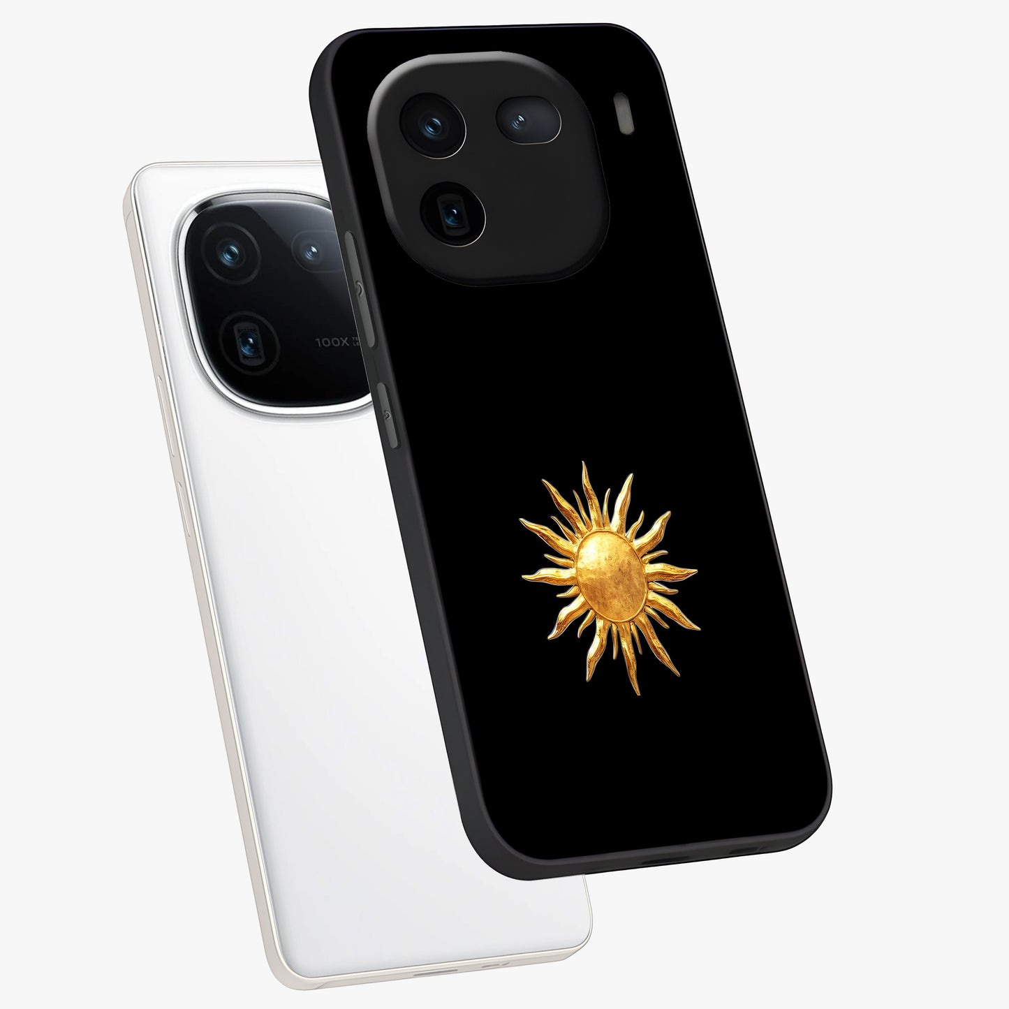 Golden Sun Minimalism Glass Case displayed in angled mockup highlighting eerie shadow illustration with gothic aesthetic.
