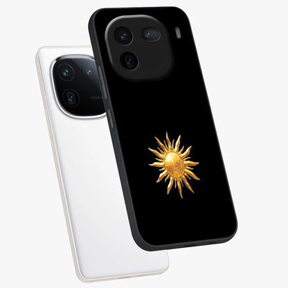 Golden Sun Minimalism Glass Case displayed in angled mockup highlighting eerie shadow illustration with gothic aesthetic.