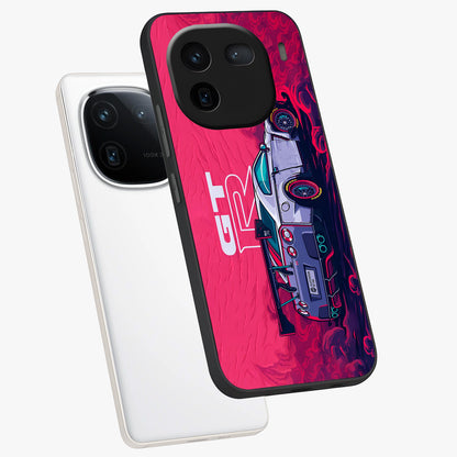 GT-R Car Pattern Glass Case displayed in angled mockup highlighting racing car graphic design with bold automotive aesthetic.