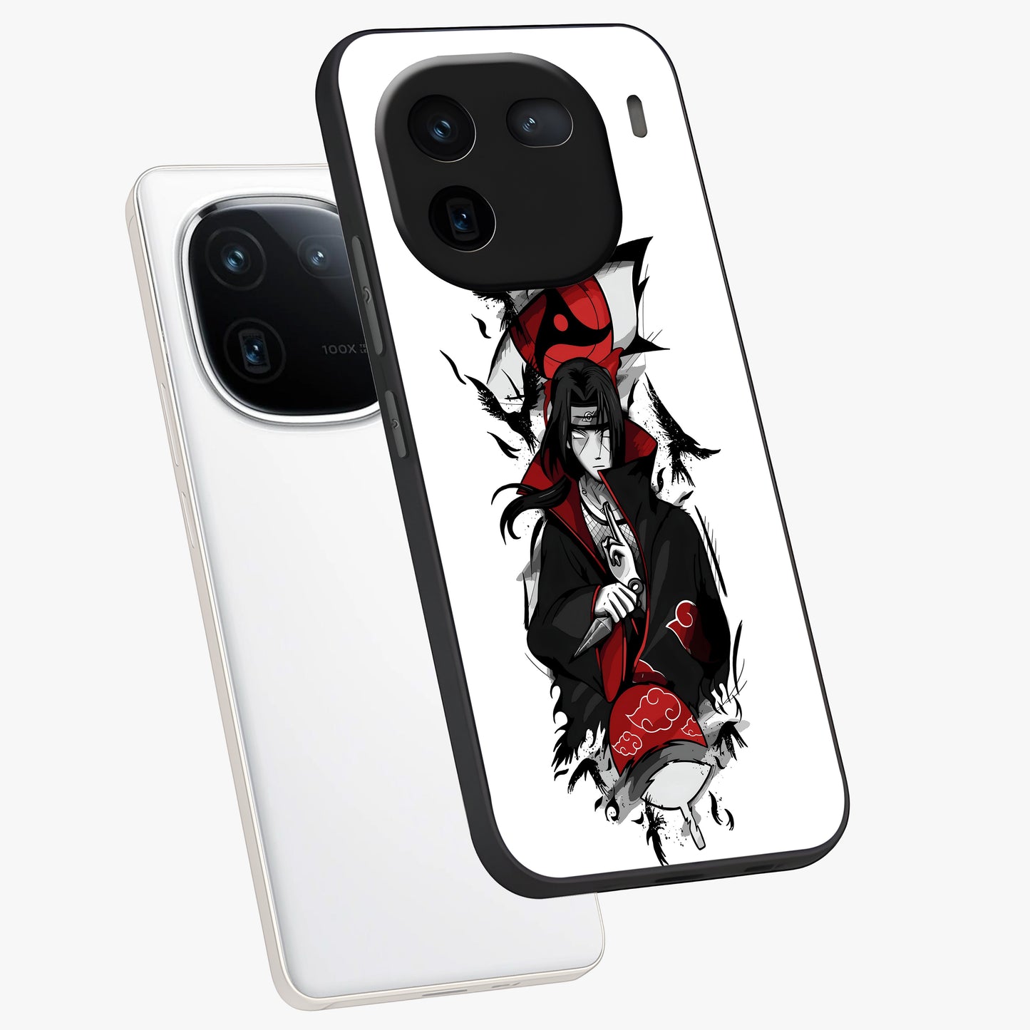 Itachi Limited Edition Naruto Anime Glass Case displayed in angled mockup highlighting dramatic anime illustration with bold action aesthetic.