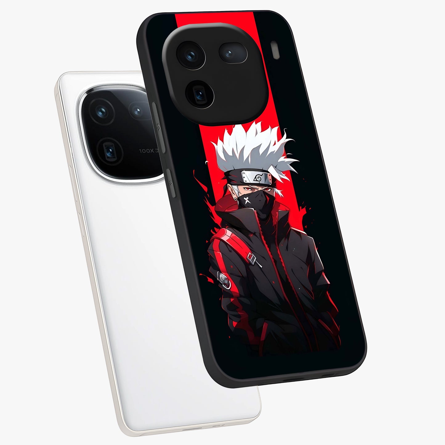 Kakashi Scarlet Shadow Glass Case displayed in angled mockup highlighting dramatic ninja illustration with scarlet themed aesthetic.