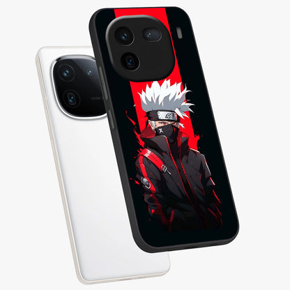 Kakashi Scarlet Shadow Glass Case displayed in angled mockup highlighting dramatic ninja illustration with scarlet themed aesthetic.
