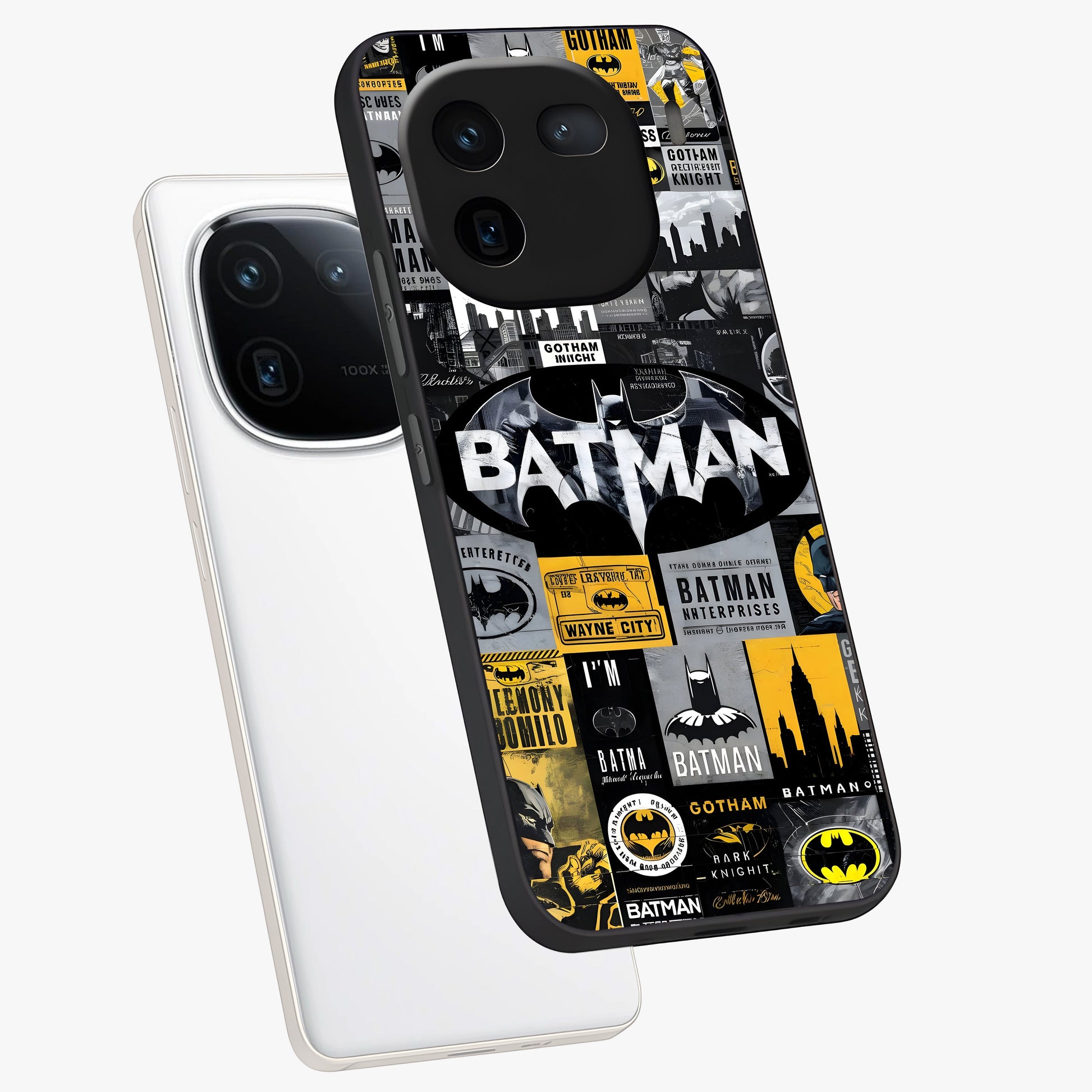 Knight Gotham Rise Glass Case displayed in angled mockup highlighting powerful knight silhouette design with dramatic aesthetic.