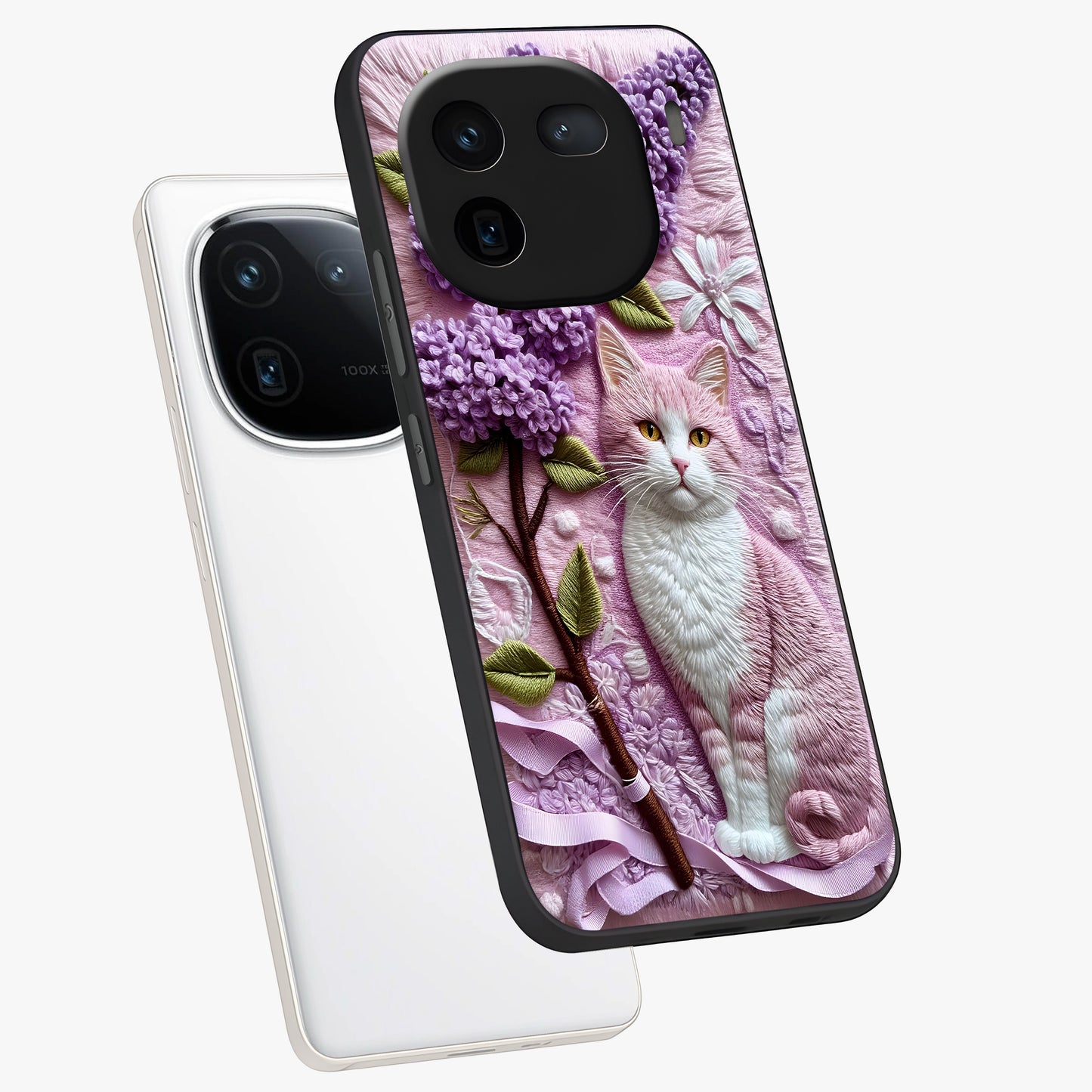 Lavender Cat Whimsy Glass Case displayed in angled mockup highlighting playful feline illustration with pastel lavender aesthetic.