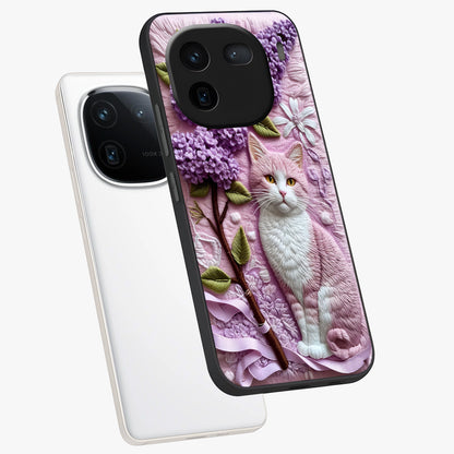 Lavender Cat Whimsy Glass Case displayed in angled mockup highlighting playful feline illustration with pastel lavender aesthetic.