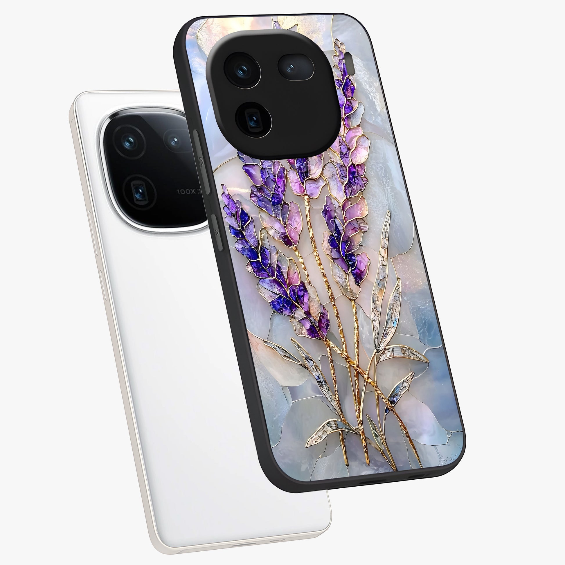 Lavender Dream Glow Glass Case displayed in angled mockup highlighting dreamy purple glow design with soft artistic style.