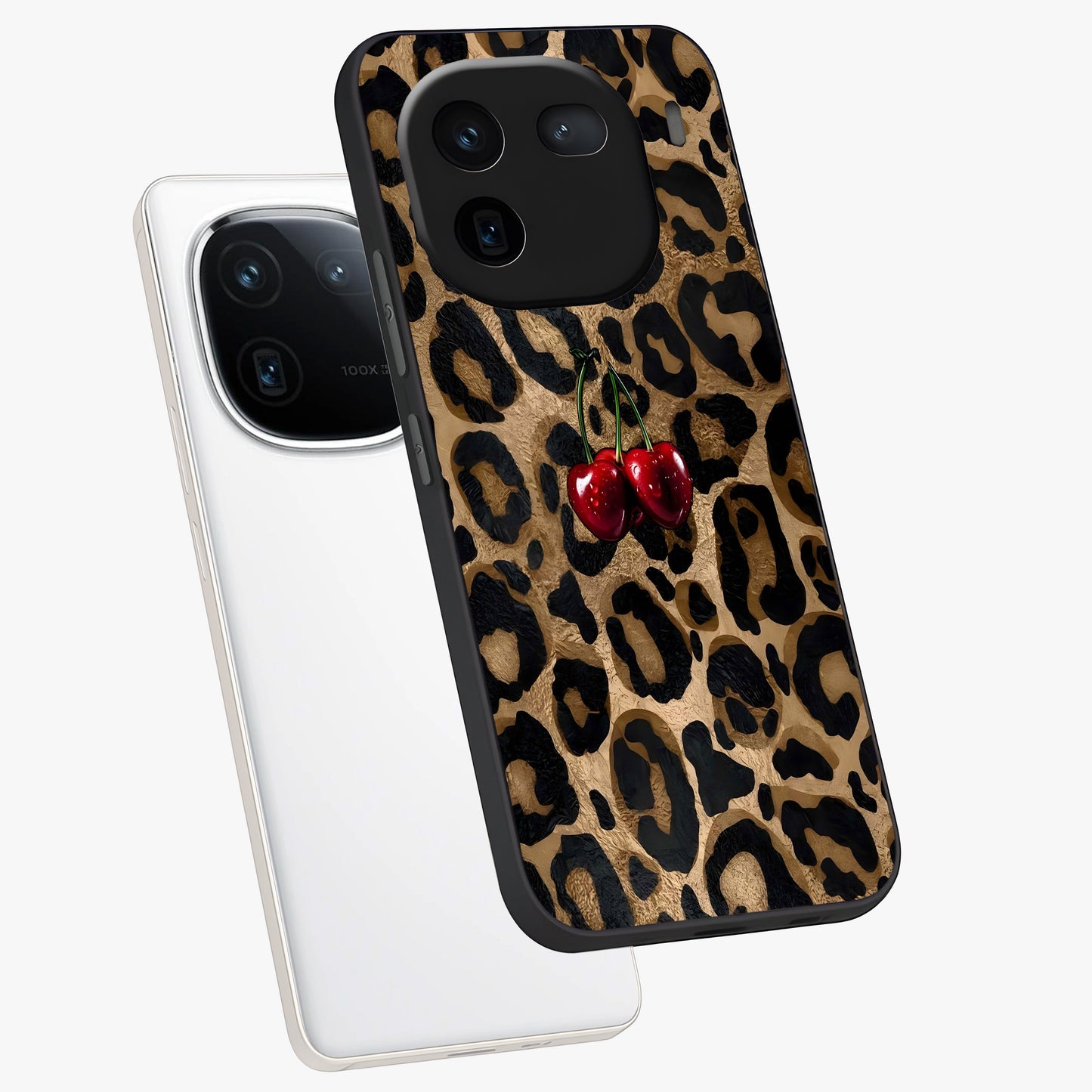 Leopard Wild Cherry Glass Case displayed in angled mockup highlighting bold animal print design with playful cherry aesthetic.
