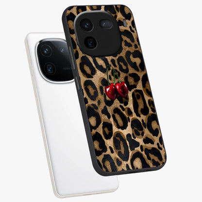 Leopard Wild Cherry Glass Case displayed in angled mockup highlighting bold animal print design with playful cherry aesthetic.
