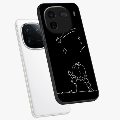 Line Art Girl With Shooting Stars Glass Case displayed in angled mockup highlighting elegant line art design with dreamy star aesthetic.