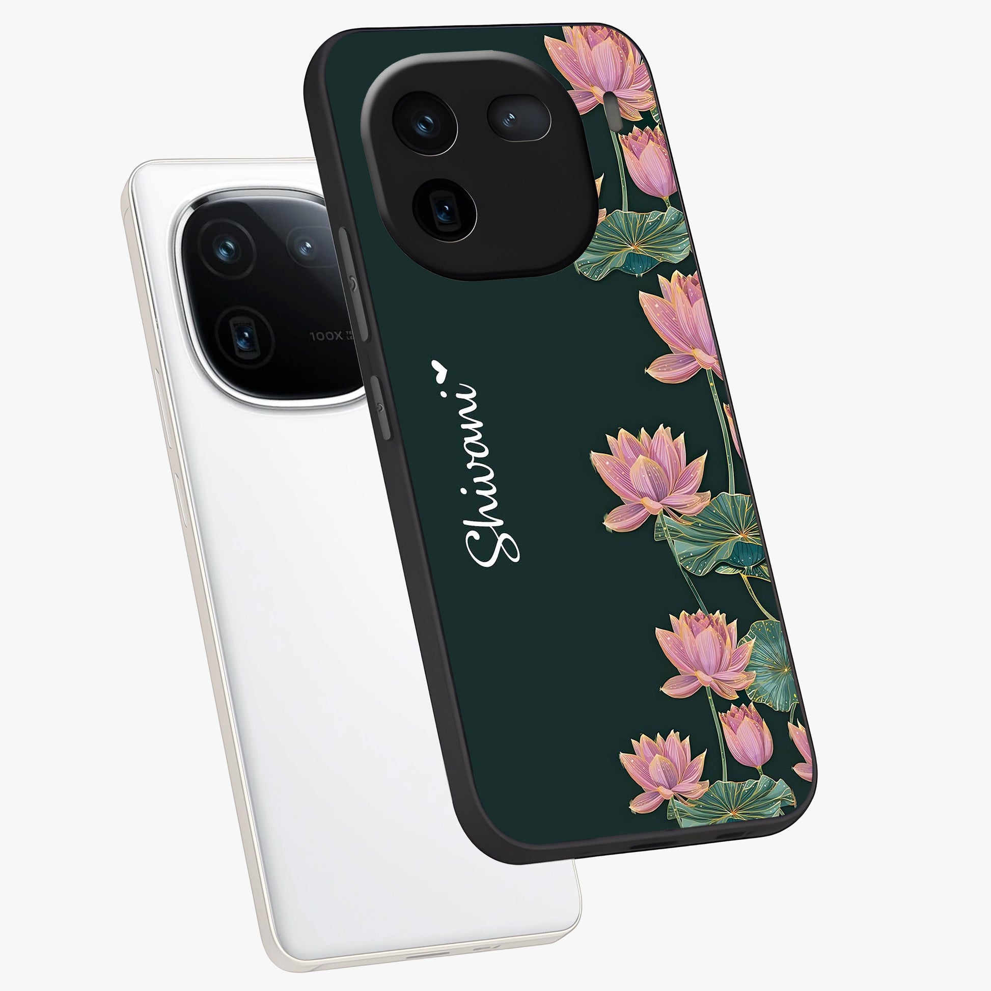 Lotus Bloom Serenity Custom Name Glass Case displayed in angled mockup highlighting graceful lotus illustration with custom name feature.