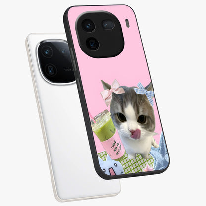 Love Matcha Cat Glass Case displayed in angled mockup highlighting playful feline illustration with cozy matcha aesthetic.