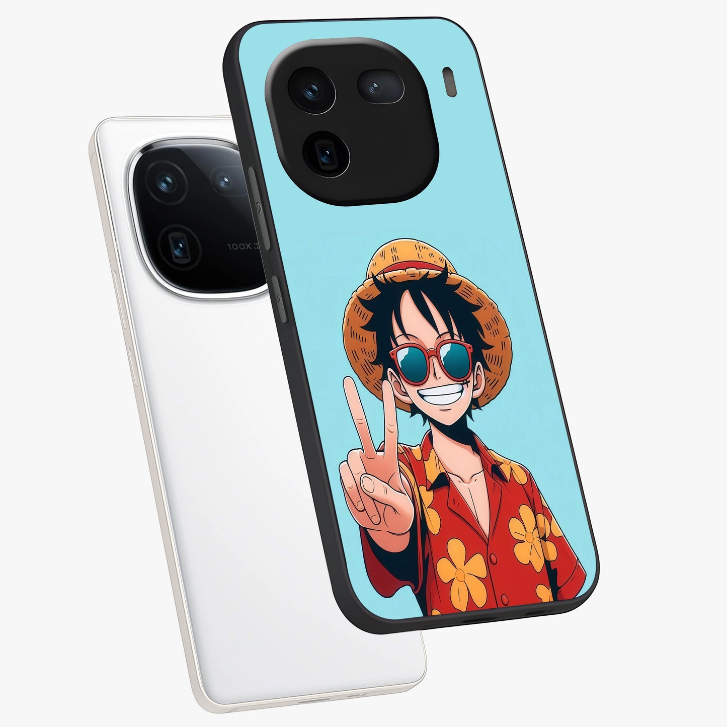 Luffy Summer Anime Vibe Glass Case displayed in angled mockup highlighting energetic anime illustration with summer vibe aesthetic.