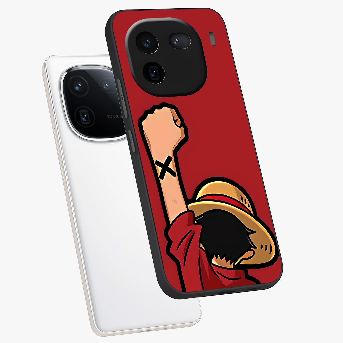 Luffy X Spirit Glass Case displayed in angled mockup highlighting powerful anime design with energetic action aesthetic.