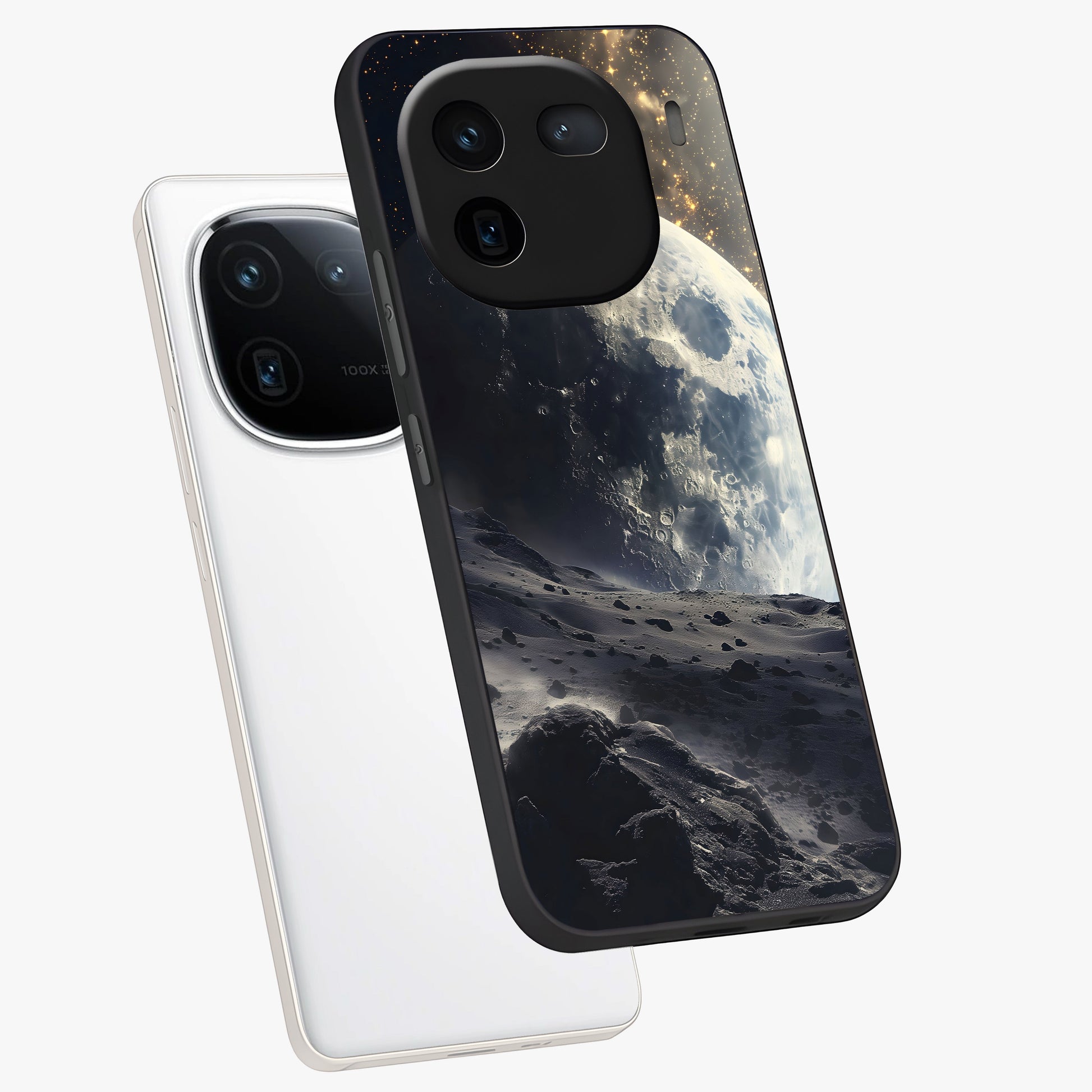 Lunar Horizon Glow Glass Case displayed in angled mockup highlighting celestial moon design with dreamy night aesthetic.