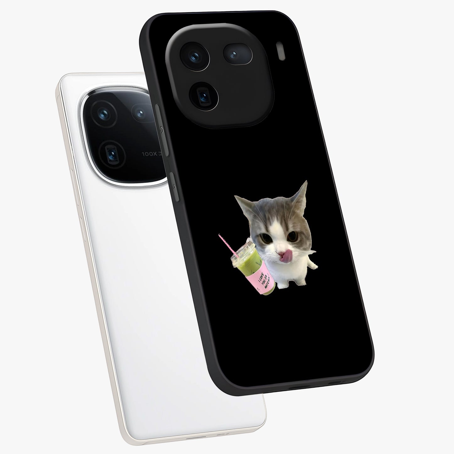 Matcha Cat Style Glass Case displayed in angled mockup highlighting playful feline design with pastel matcha aesthetic.