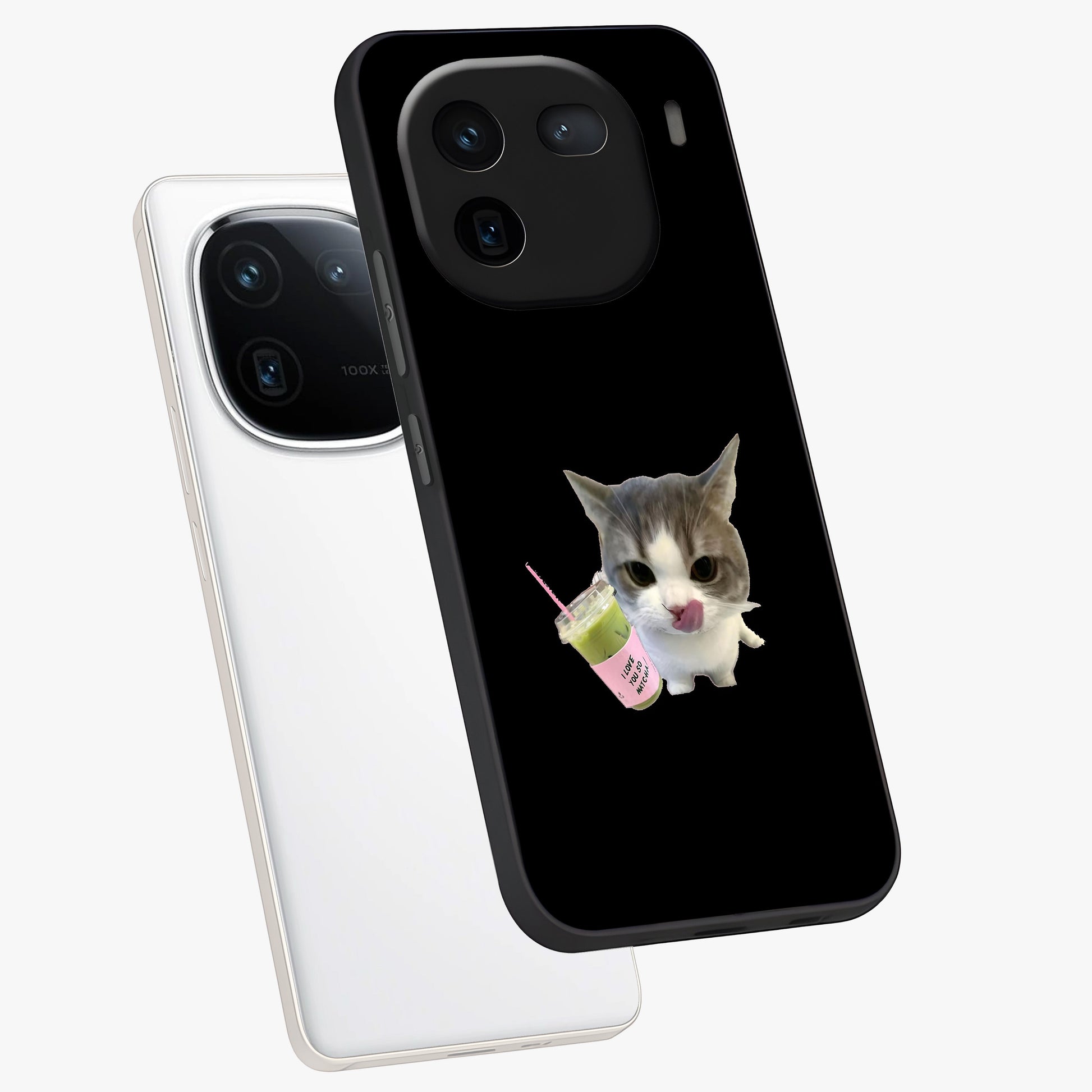 Matcha Cat Style Glass Case displayed in angled mockup highlighting playful feline design with pastel matcha aesthetic.
