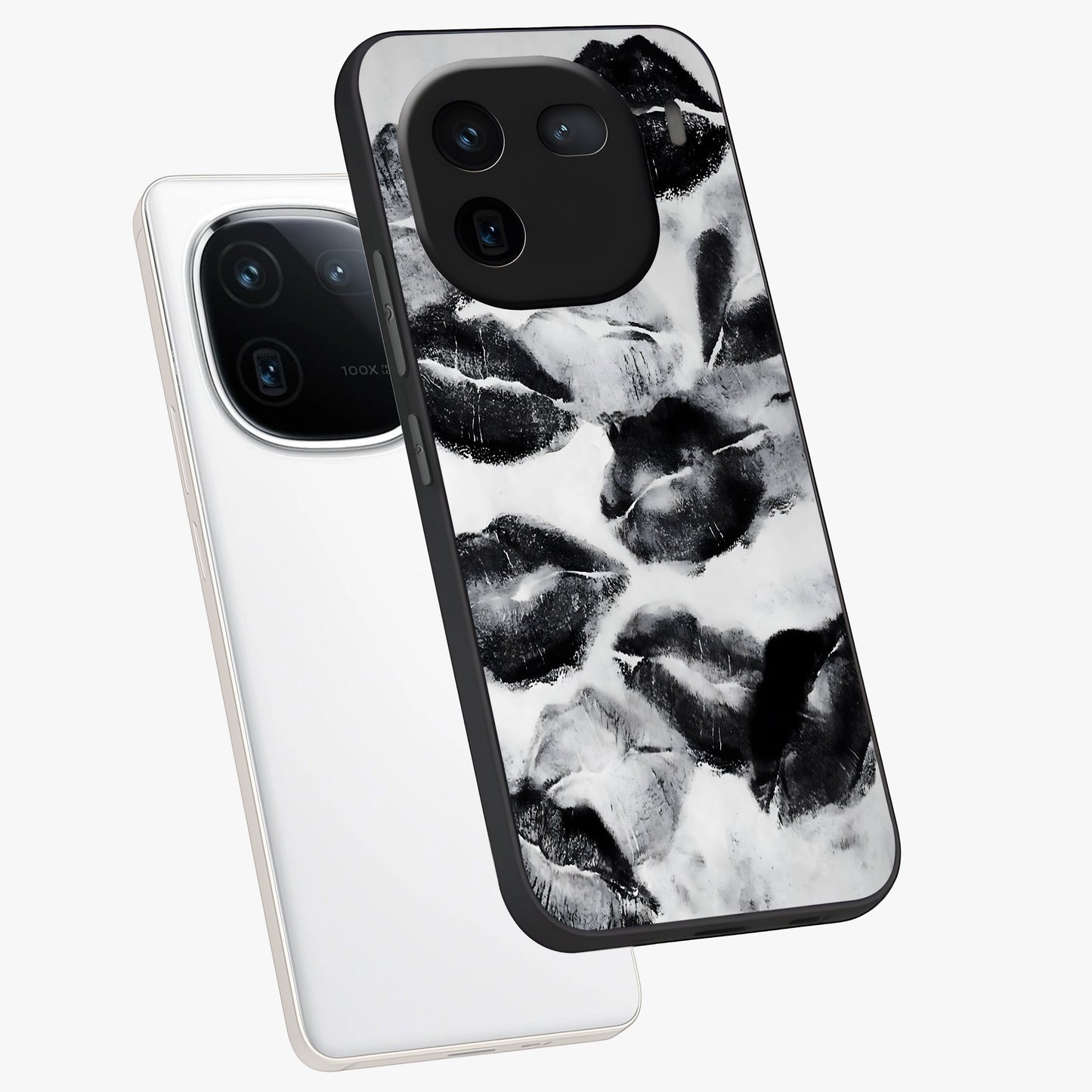 Midnight Kiss Marks Glass Case displayed in angled mockup highlighting playful romantic design with bold midnight aesthetic.