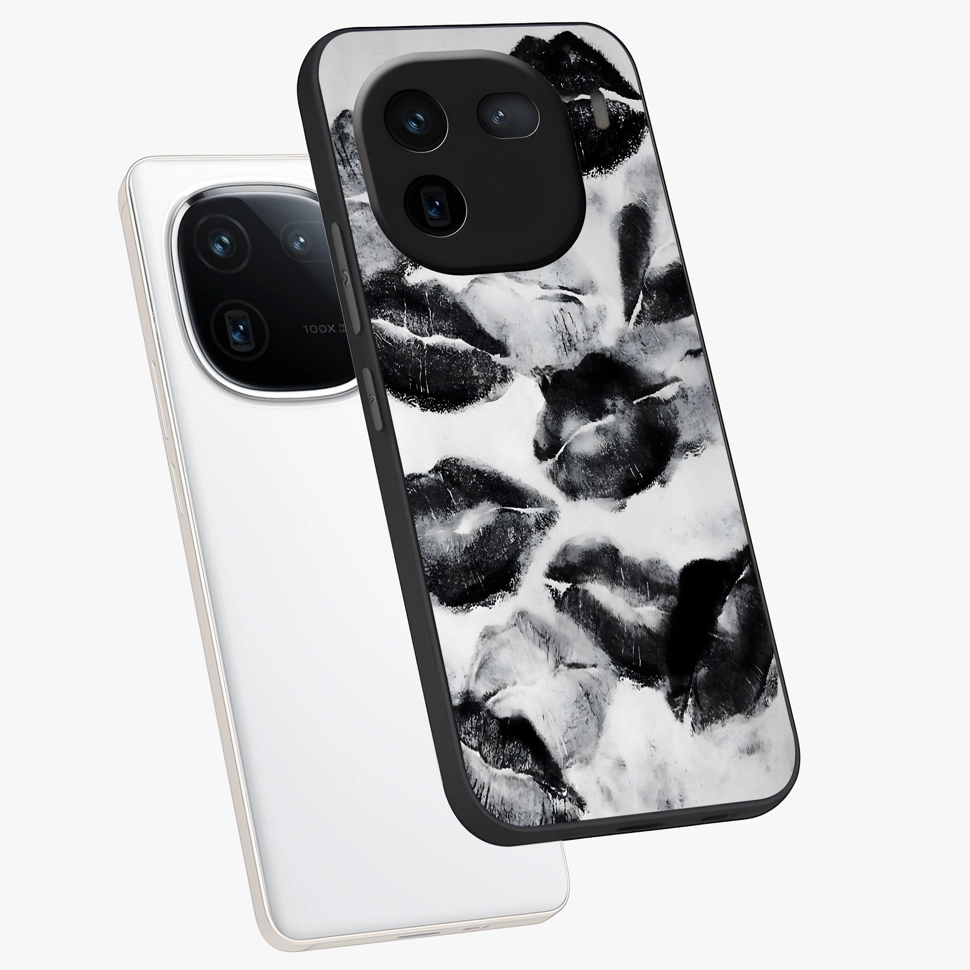Midnight Kiss Marks Glass Case displayed in angled mockup highlighting playful romantic design with bold midnight aesthetic.