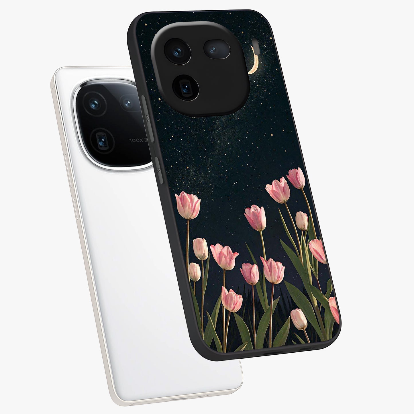 Midnight Tulip Whispers Vibe Glass Case displayed in angled mockup highlighting delicate tulip design with midnight floral aesthetic.