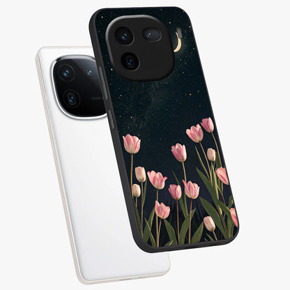Midnight Tulip Whispers Vibe Glass Case displayed in angled mockup highlighting delicate tulip design with midnight floral aesthetic.