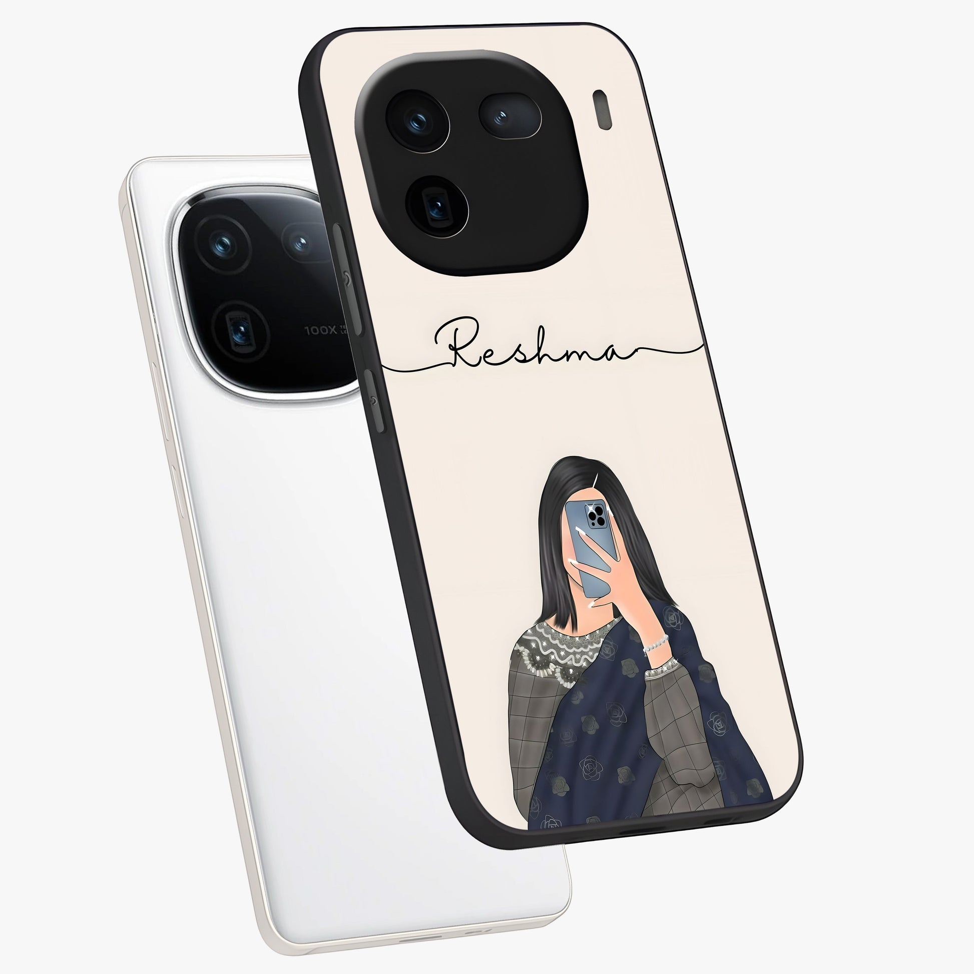 Mirror Mood Muse With Custom Name Glass Case displayed in angled mockup highlighting aesthetic mirror inspired design with custom name feature.