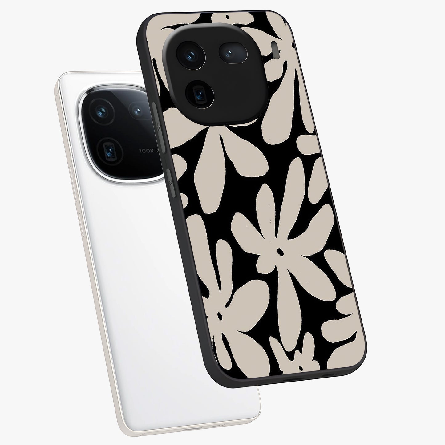 Monochrome Petal Dance Glass Case displayed in angled mockup highlighting elegant petal design with black and white aesthetic.