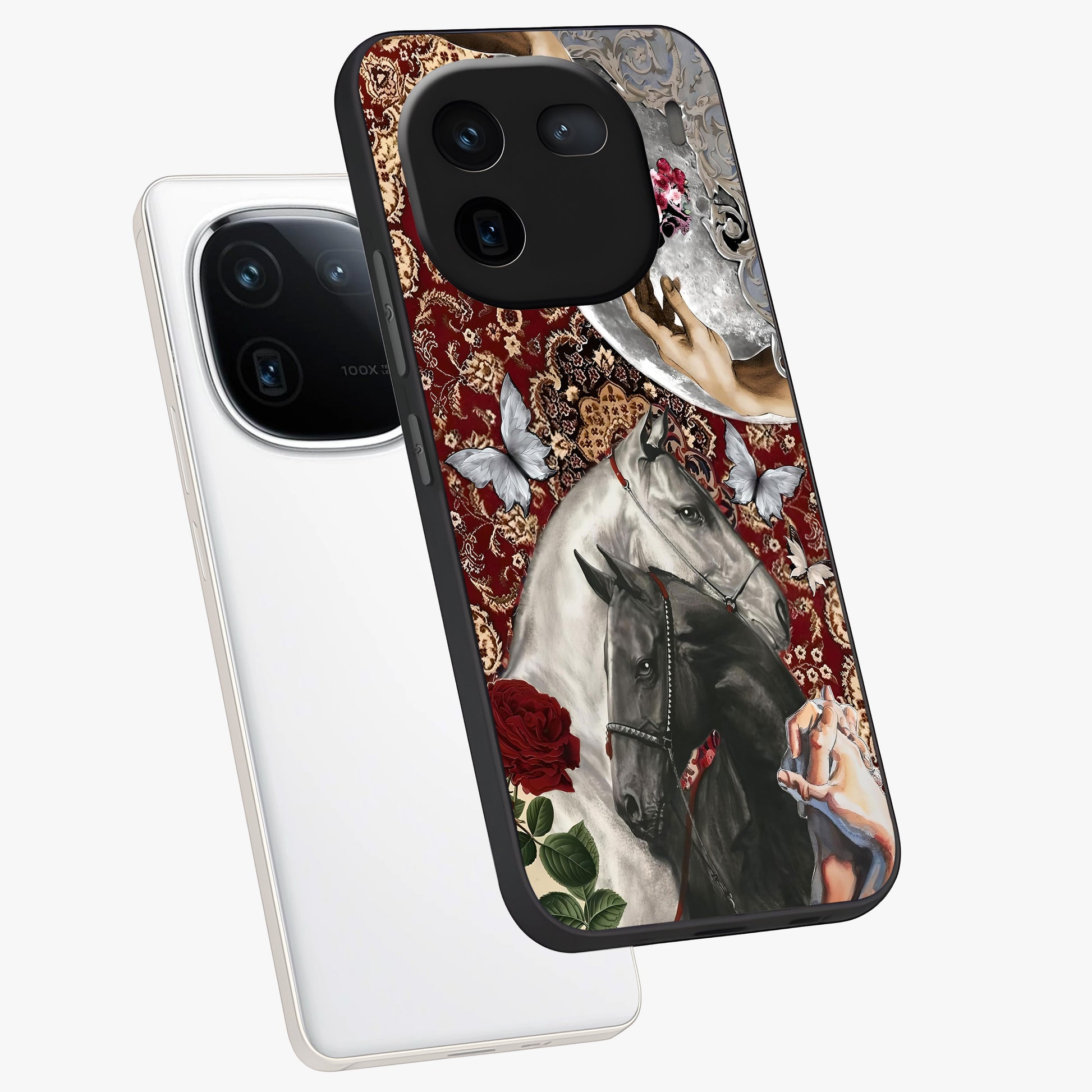 Moonlit Royal Stallion Glass Case displayed in angled mockup highlighting powerful stallion illustration with royal night aesthetic.
