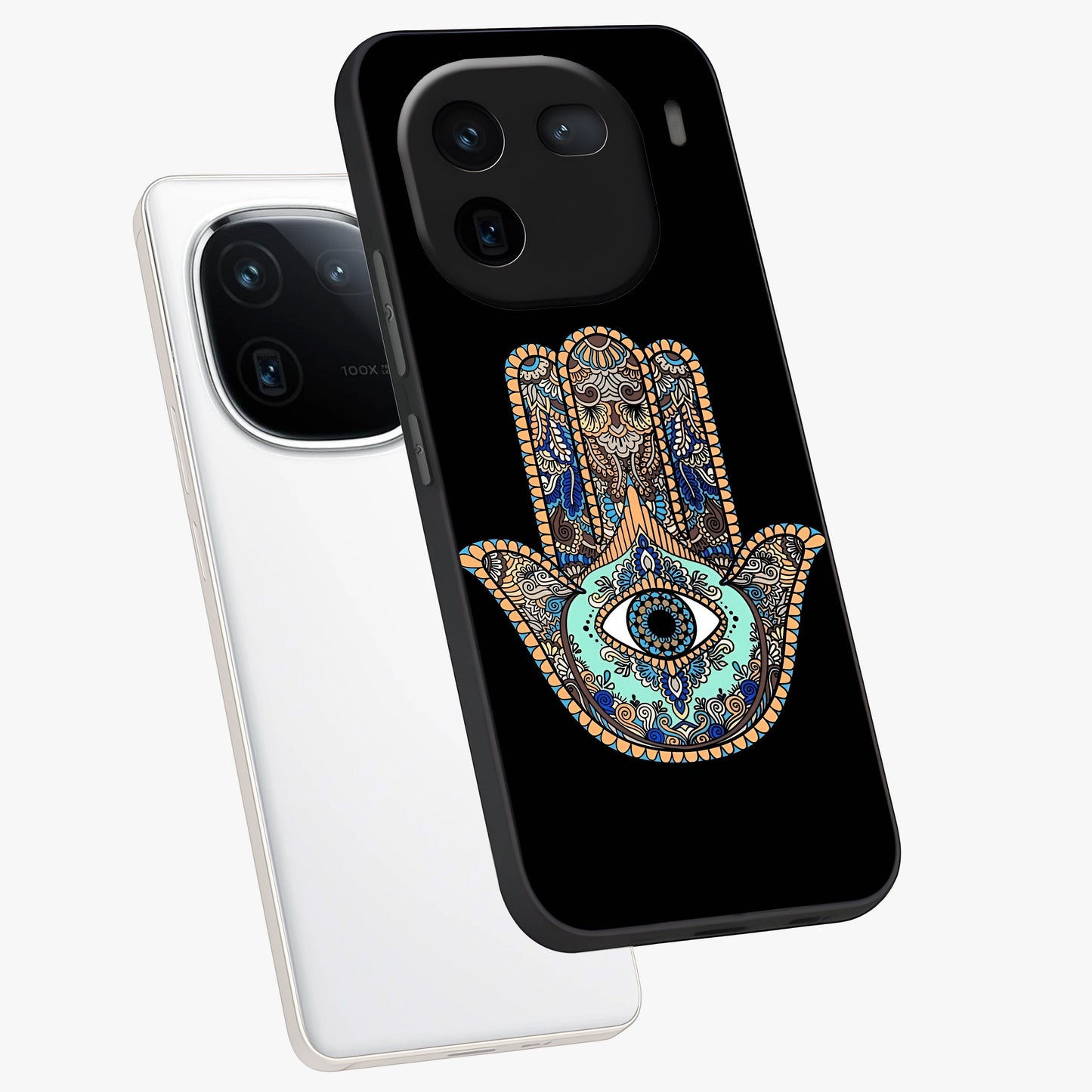 Mystic Hamsa Eye Glass Case displayed in angled mockup highlighting spiritual hamsa symbol with mystical aesthetic style.