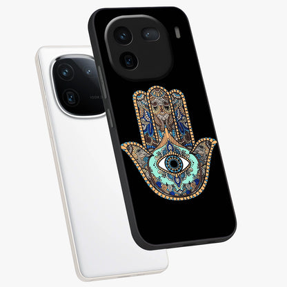 Mystic Hamsa Eye Glass Case displayed in angled mockup highlighting spiritual hamsa symbol with mystical aesthetic style.
