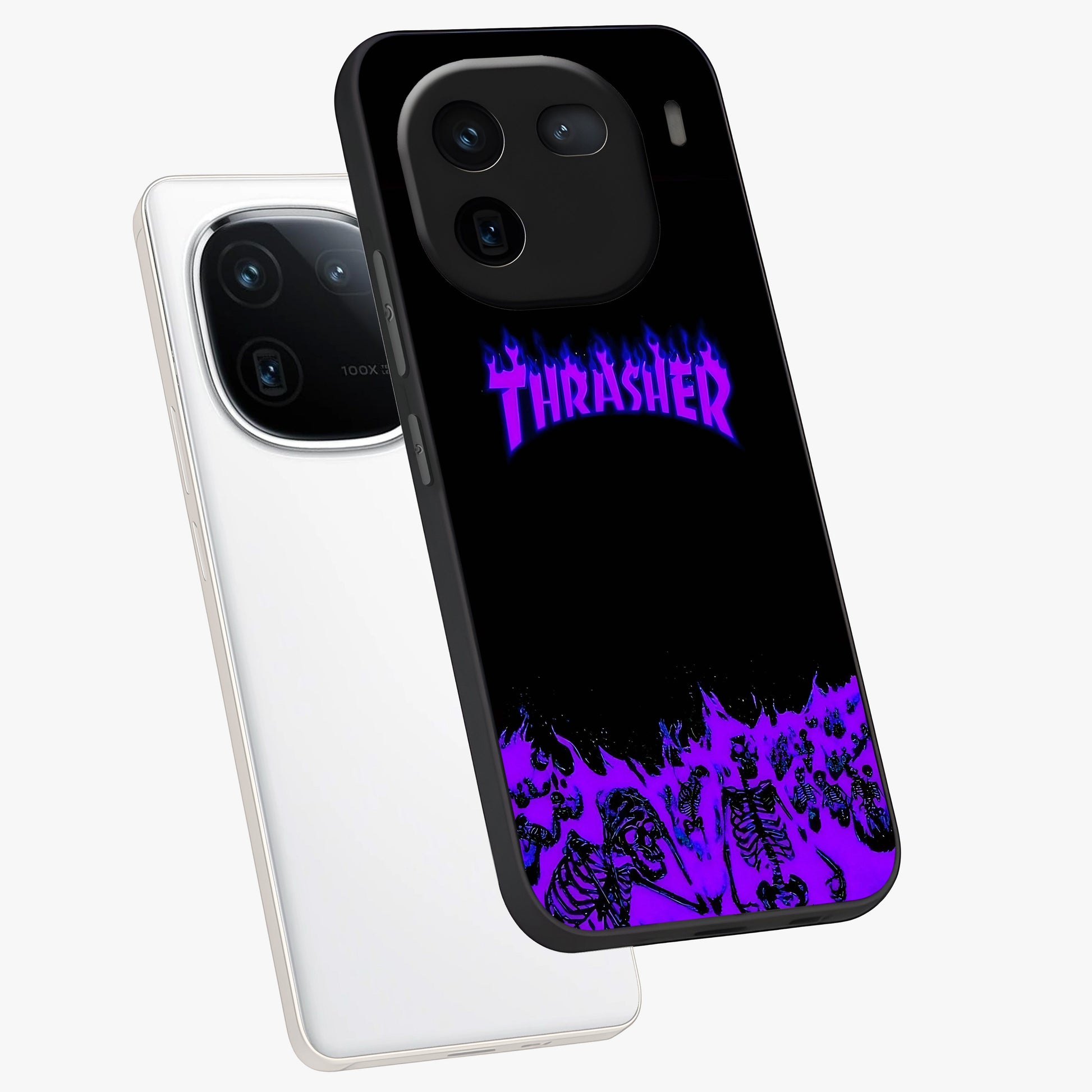 Neon Flame Riot Glass Case displayed in angled mockup highlighting glowing flame design with vibrant neon aesthetic.