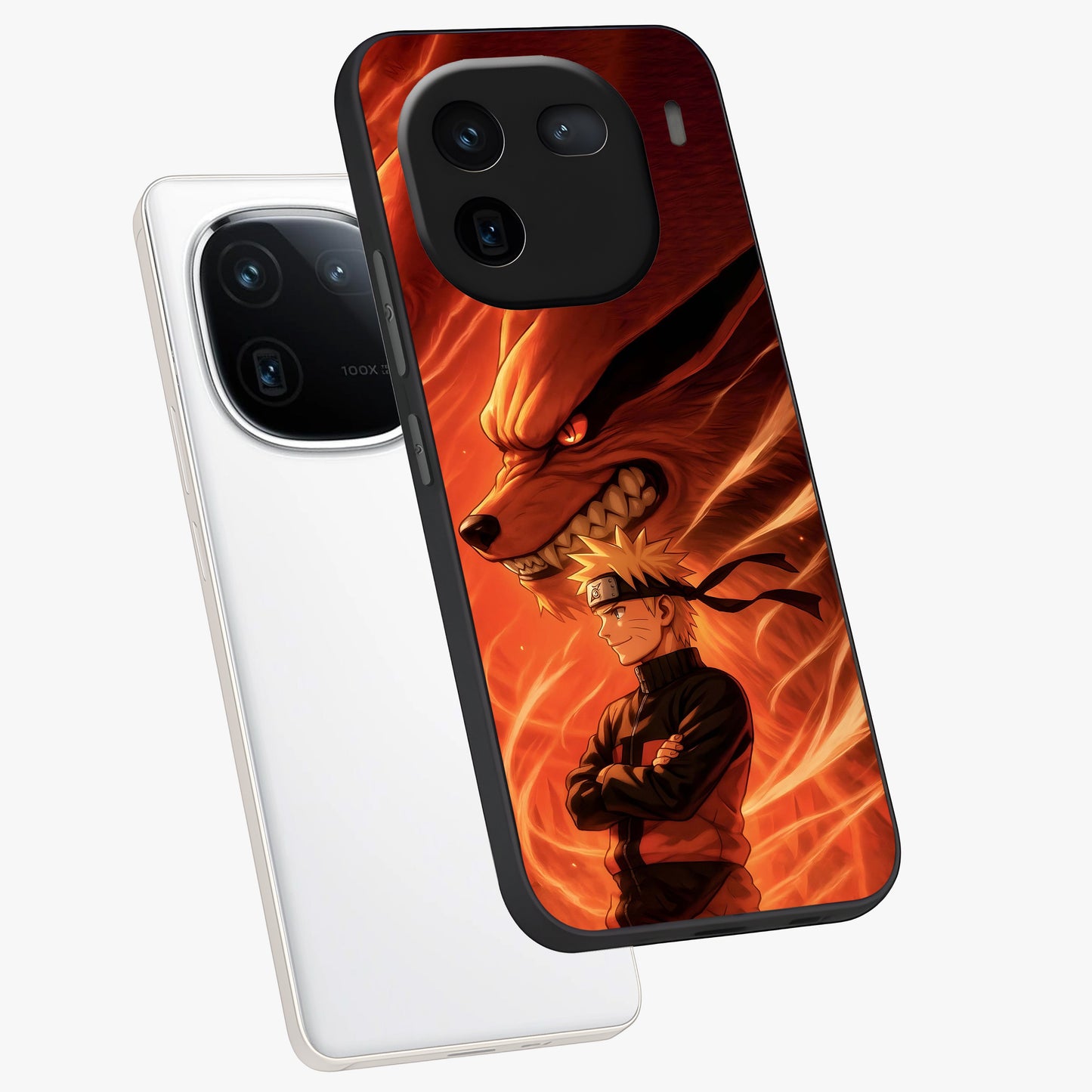 Nine Tails Legacy Glass Case displayed in angled mockup highlighting dynamic anime beast illustration with bold mystical aesthetic.