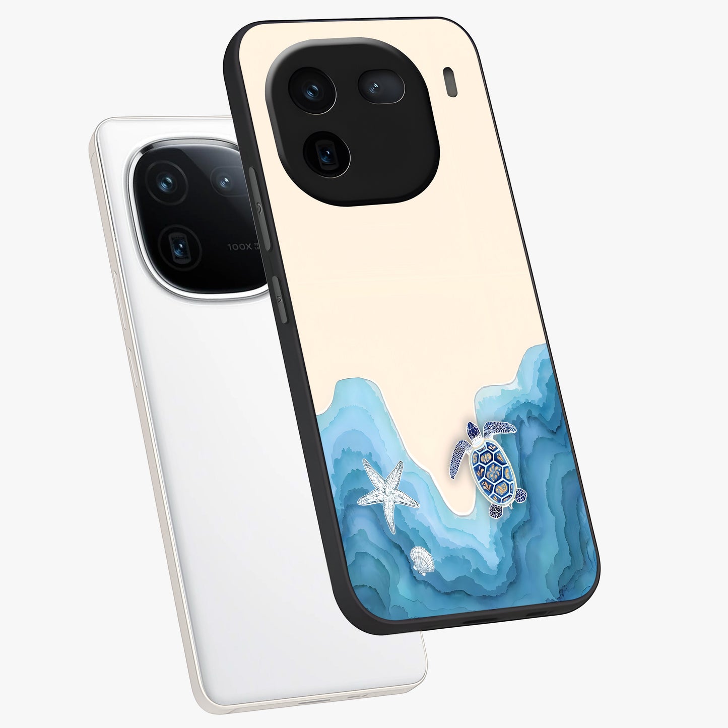 Ocean Drift Turtle Glass Case displayed in angled mockup highlighting peaceful ocean turtle illustration with marine aesthetic.
