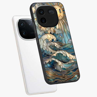 Oceanic Stained Printed Glass Case displayed in angled mockup highlighting colorful aquatic design with artistic aesthetic style.