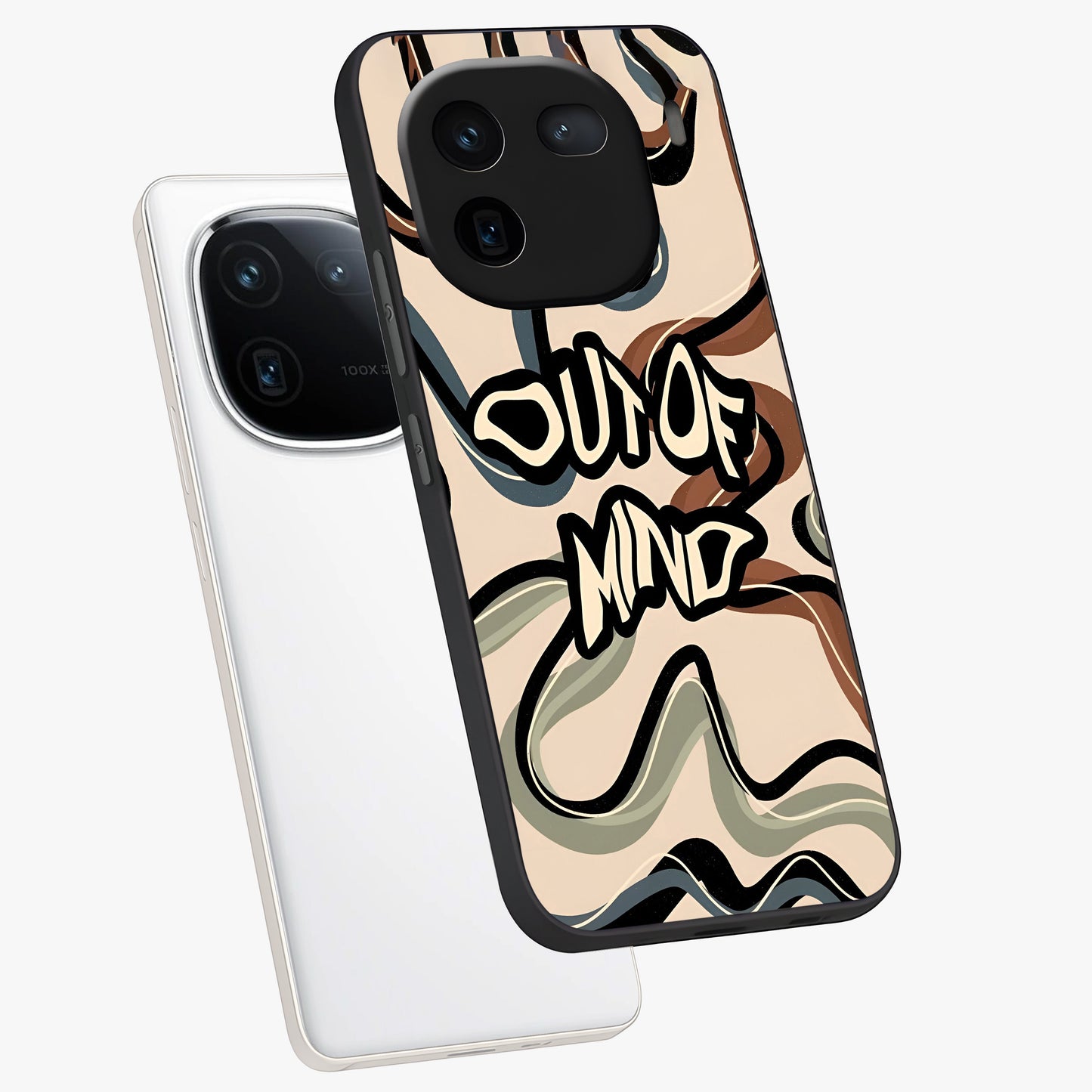 Out Of Mind Glass Case displayed in angled mockup highlighting bold statement design with modern artistic aesthetic.