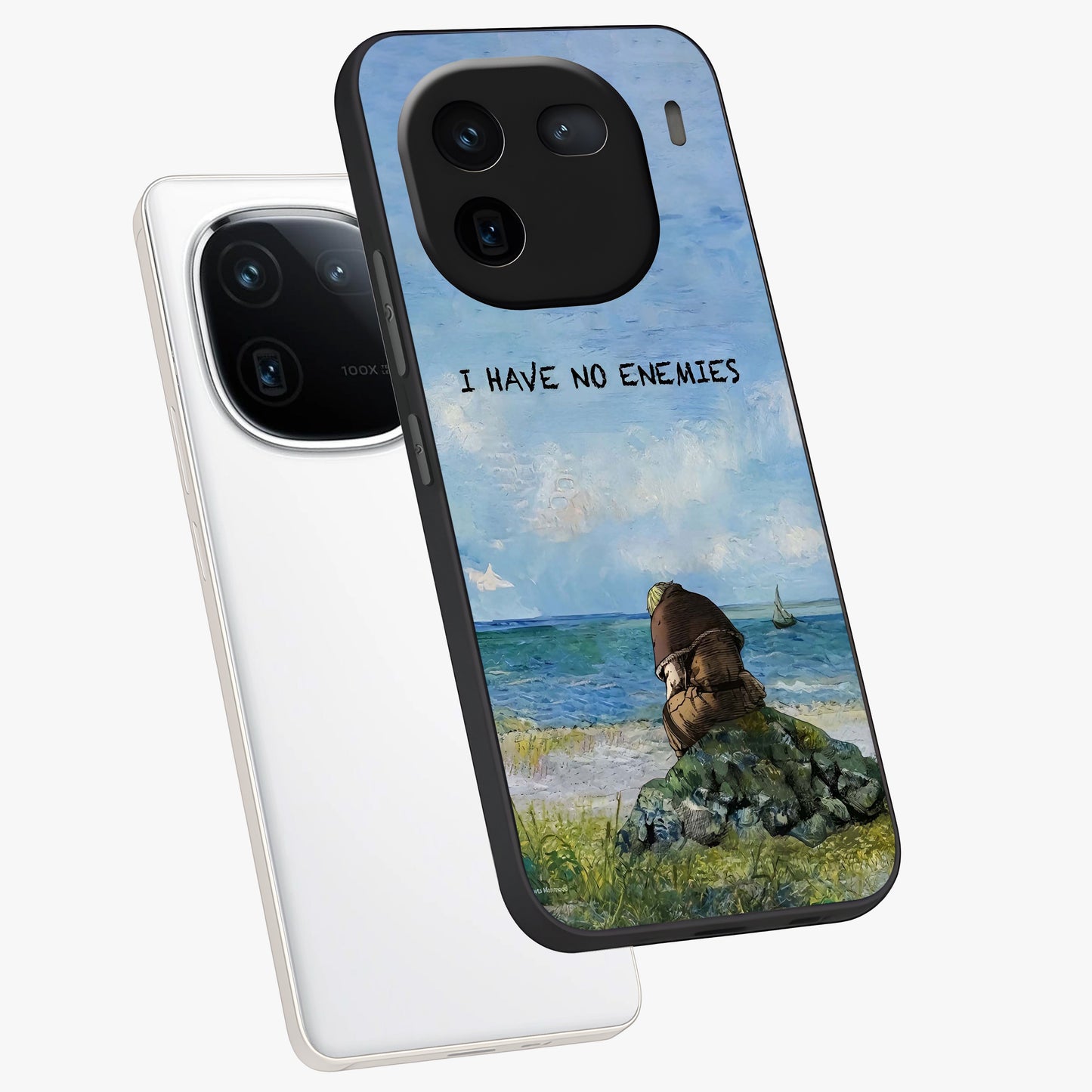 Peace Beyond War Glass Case displayed in angled mockup highlighting meaningful message design with artistic aesthetic style.