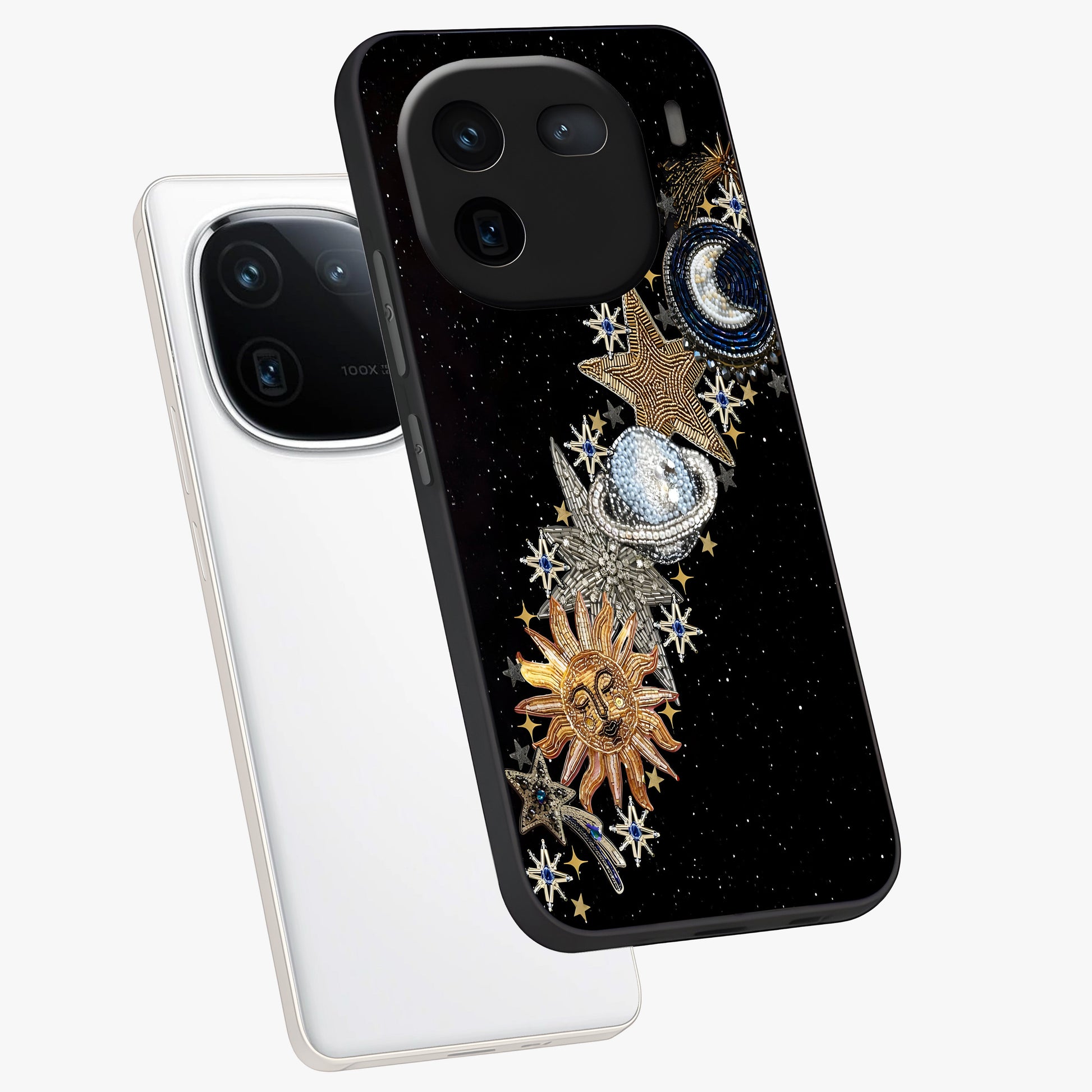 Pearls Universe Object Glass Case displayed in angled mockup highlighting celestial pearl design with dreamy aesthetic.