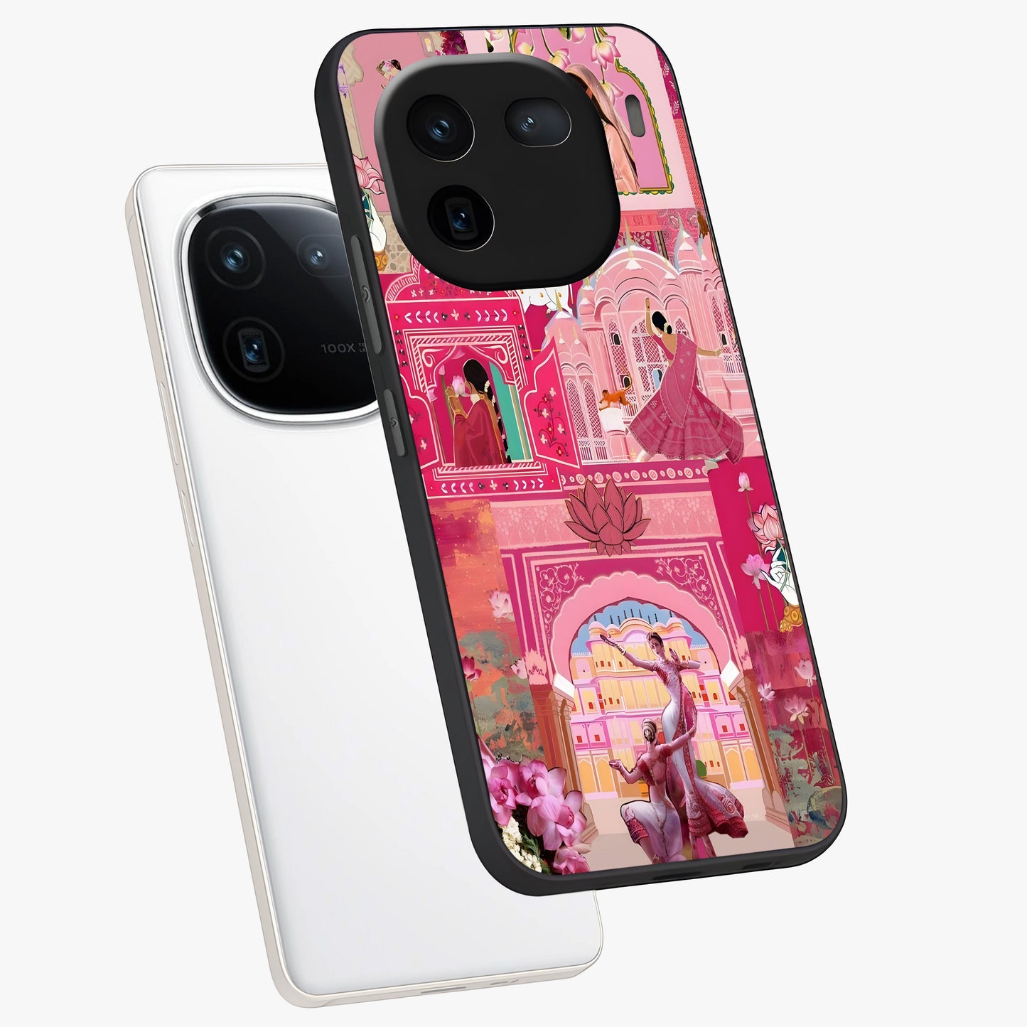 Pink Palace Muse Glass Case displayed in angled mockup highlighting dreamy palace illustration with soft pink aesthetic.
