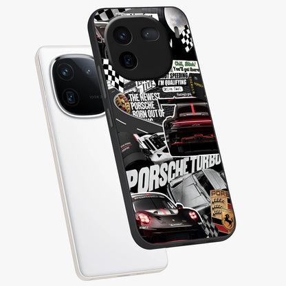 Porsche Racing Collage Glass Case displayed in angled mockup highlighting dynamic automotive design with bold racing aesthetic.