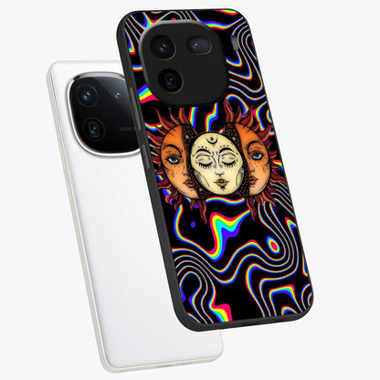Psychedelic Sun Glass Case displayed in angled mockup highlighting vibrant abstract sun design with artistic aesthetic style.