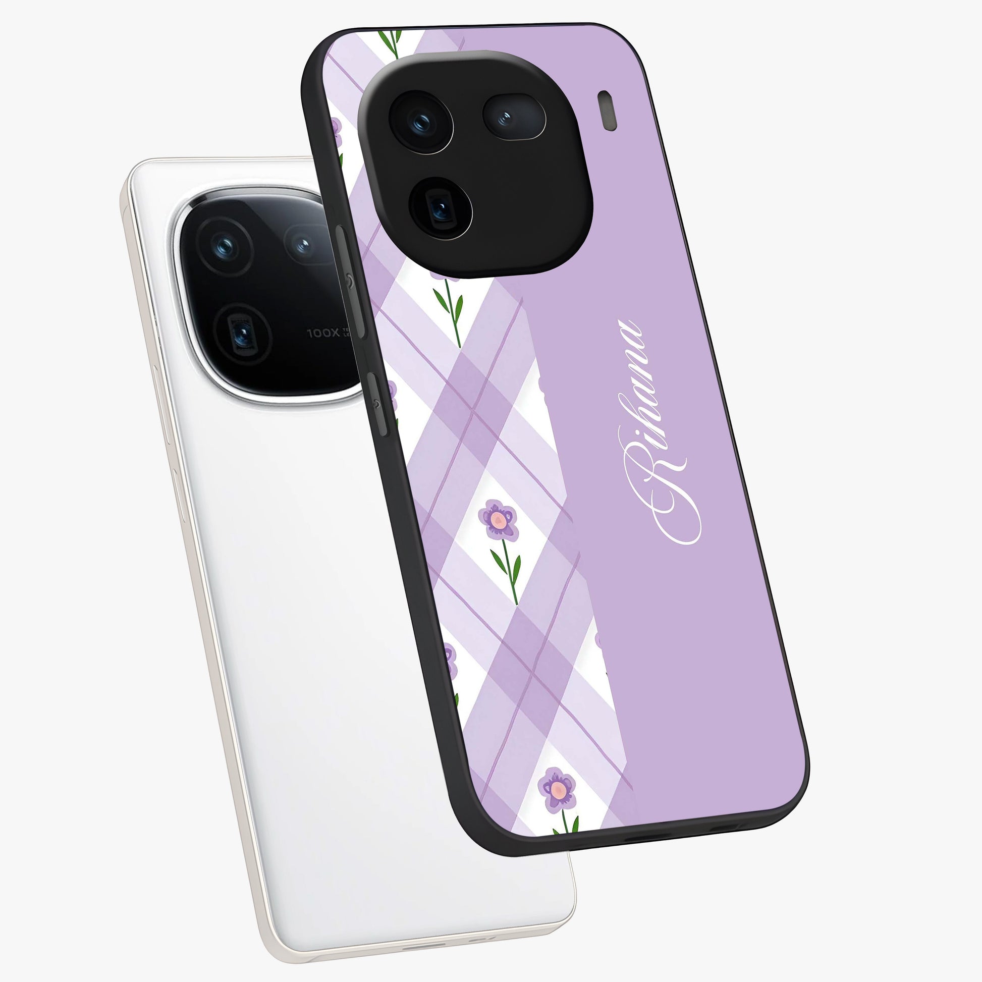 Purple Diamond Floral Glass Case displayed in angled mockup highlighting elegant purple flower design with decorative pattern.