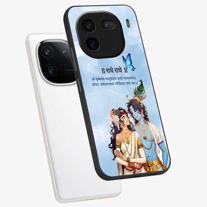 Radha Krishna Eternal Glass Case displayed in angled mockup highlighting divine Radha Krishna illustration with spiritual aesthetic.