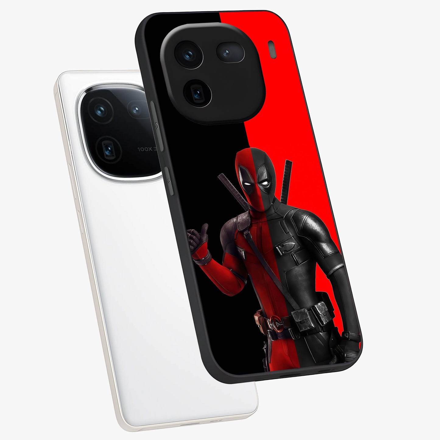 Red & Black Deadpool Theme Glass Case displayed in angled mockup highlighting vibrant superhero style illustration with action aesthetic.