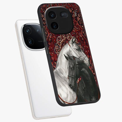 Regal Stallion Tapestry Glass Case displayed in angled mockup highlighting royal stallion design with decorative heritage aesthetic.