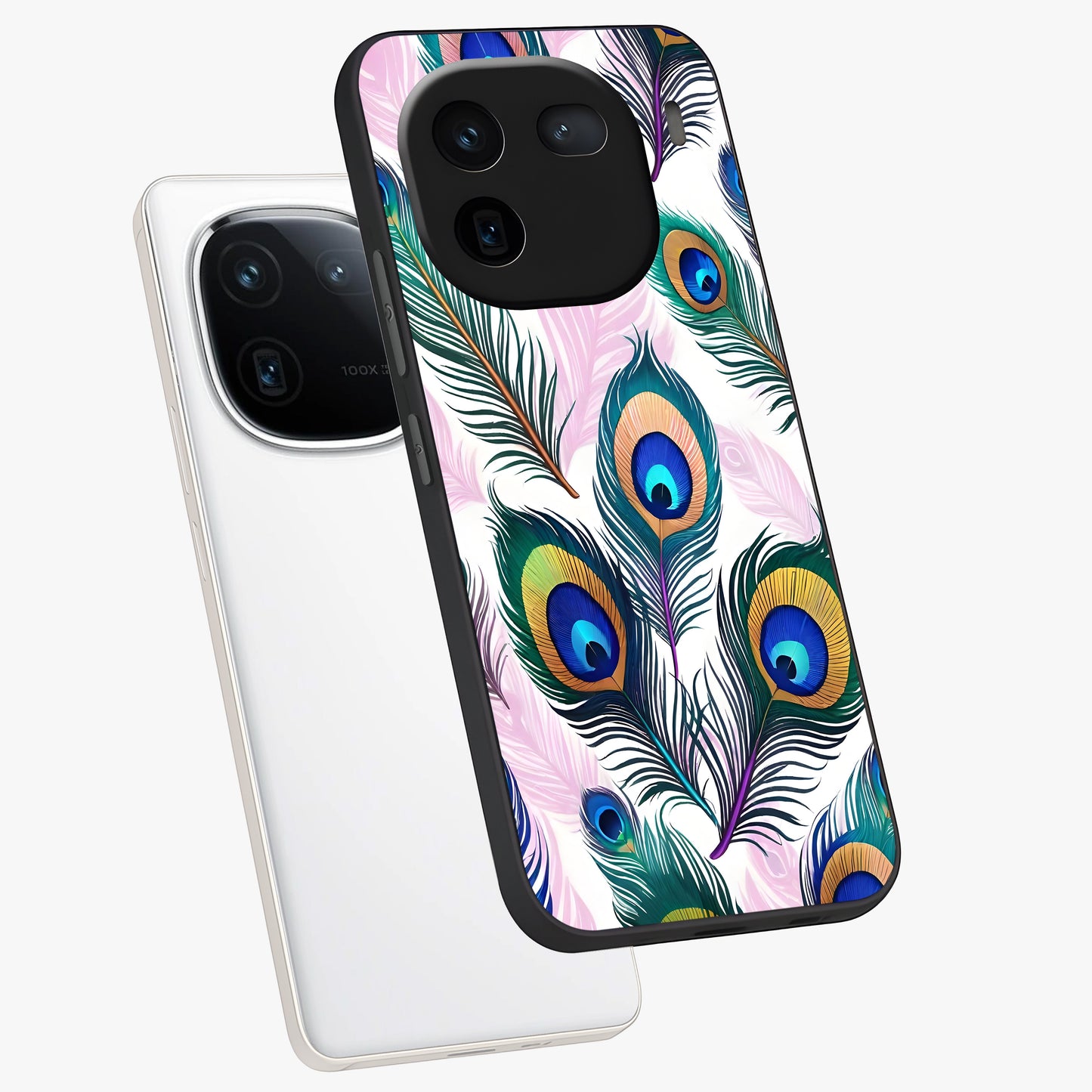 Royal Peacock Feathers Glass Case displayed in angled mockup highlighting vibrant feather pattern with regal aesthetic style.