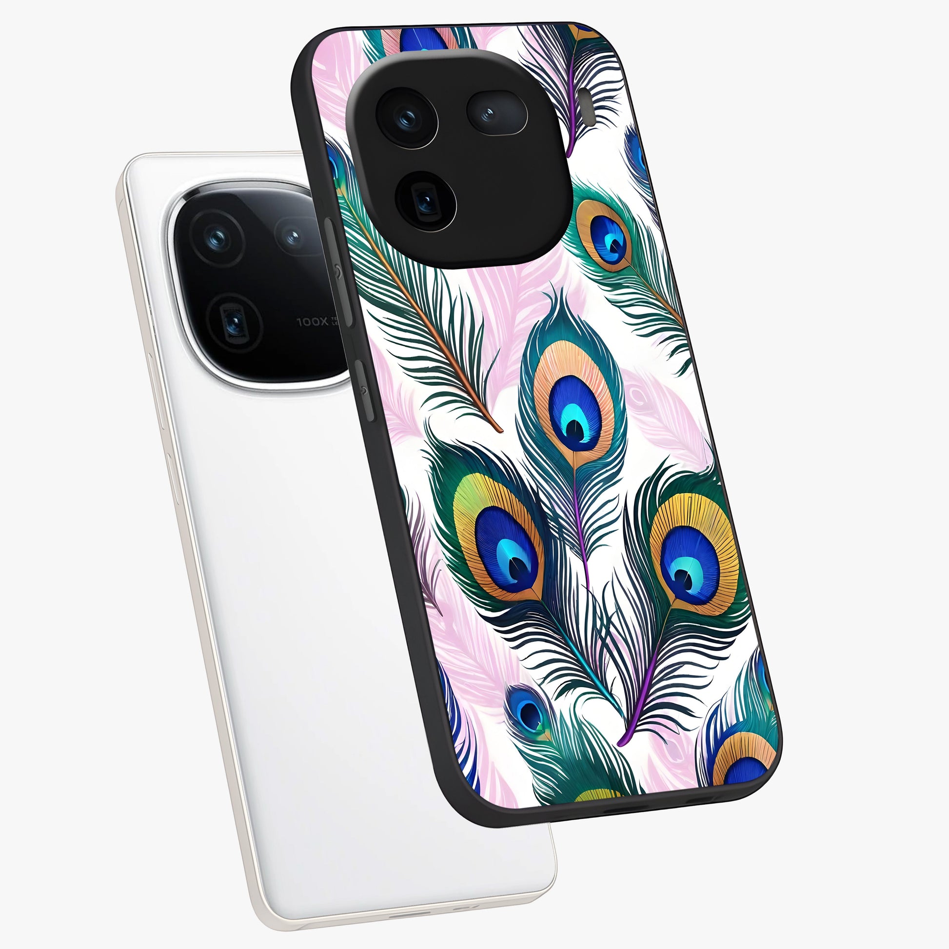 Royal Peacock Feathers Glass Case displayed in angled mockup highlighting vibrant feather pattern with regal aesthetic style.