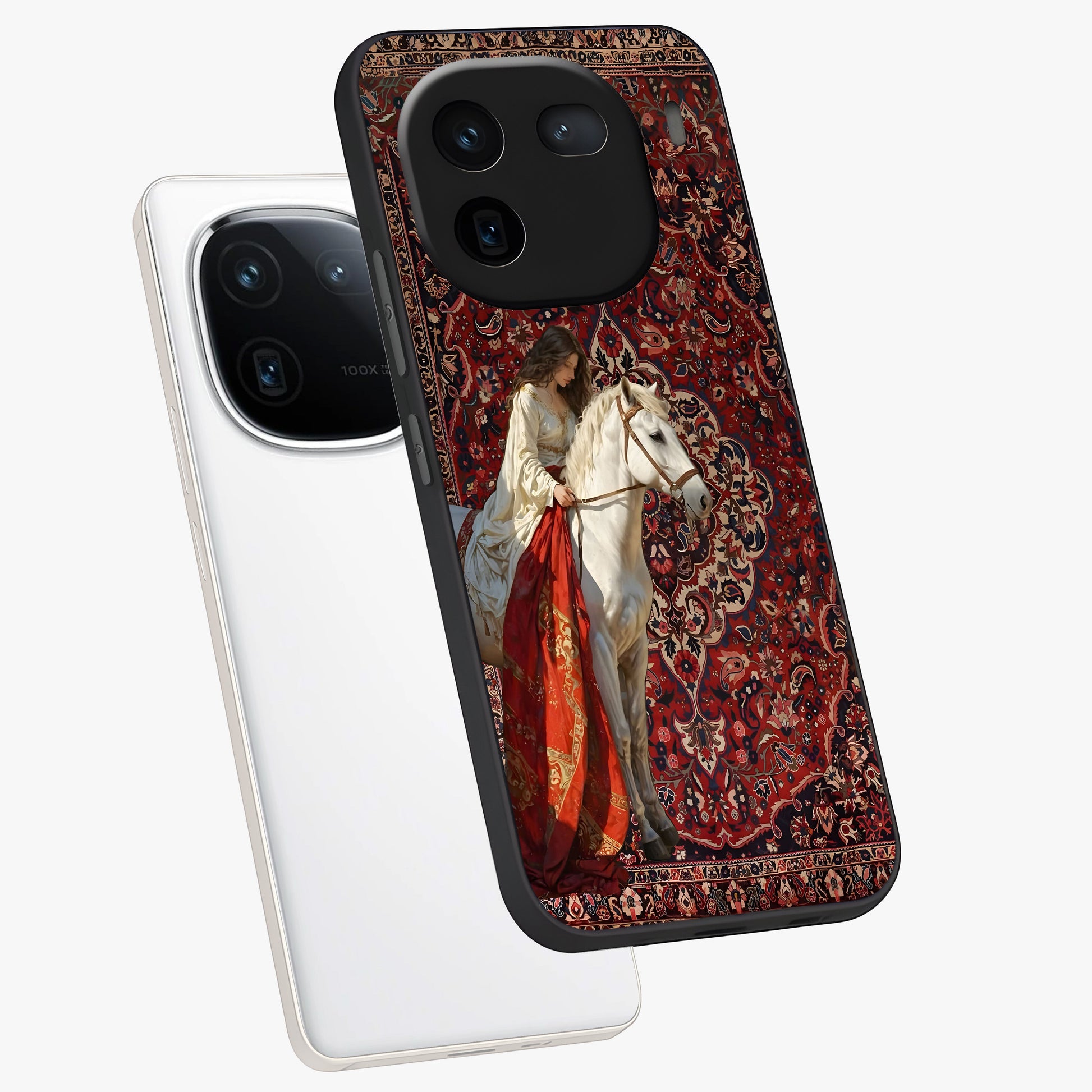 Royal Rider Tapestry Glass Case displayed in angled mockup highlighting traditional tapestry design with royal heritage aesthetic.