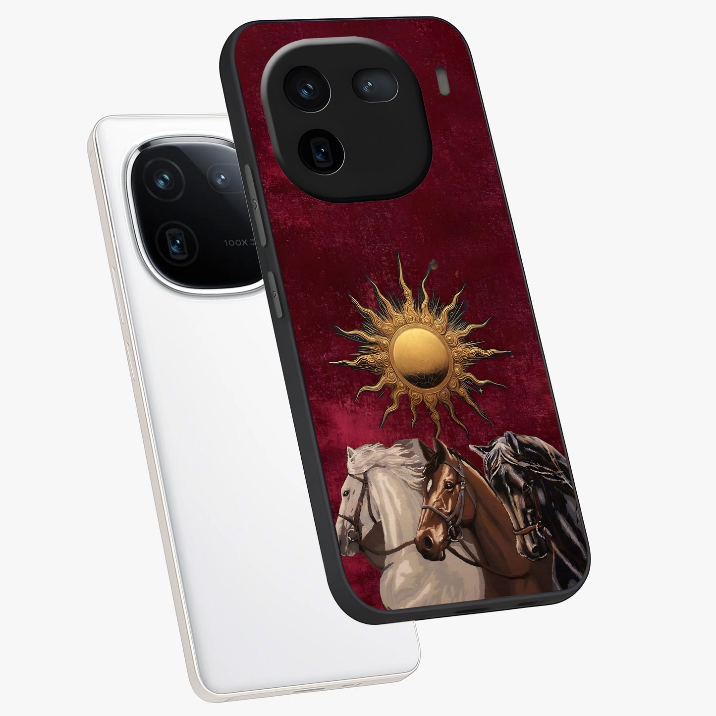 Solar Riders Glass Case displayed in angled mockup highlighting powerful rider illustration with radiant solar aesthetic.