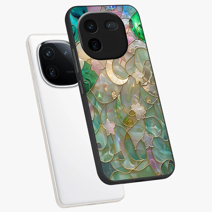 Stained Sunrise Glow Glass Case displayed in angled mockup highlighting radiant sunrise design with artistic aesthetic style.